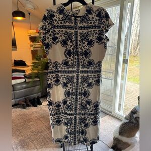 Boden Cream Midi Dress with Navy Tile Print